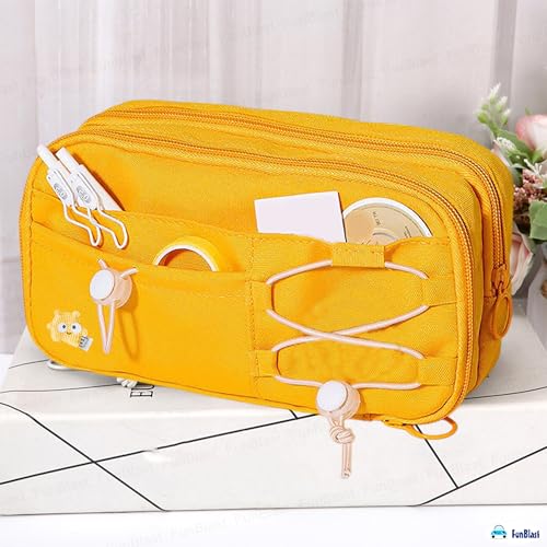 Image of FunBlast Pencil Pouch for Girls - Aesthetic Multi-Compartment Zipper Pouch with Drawstring Pocket, Cute Kawaii Pencil Case, Stylish Stationery Pouch, Return Gift for Kids & School Use (Yellow)