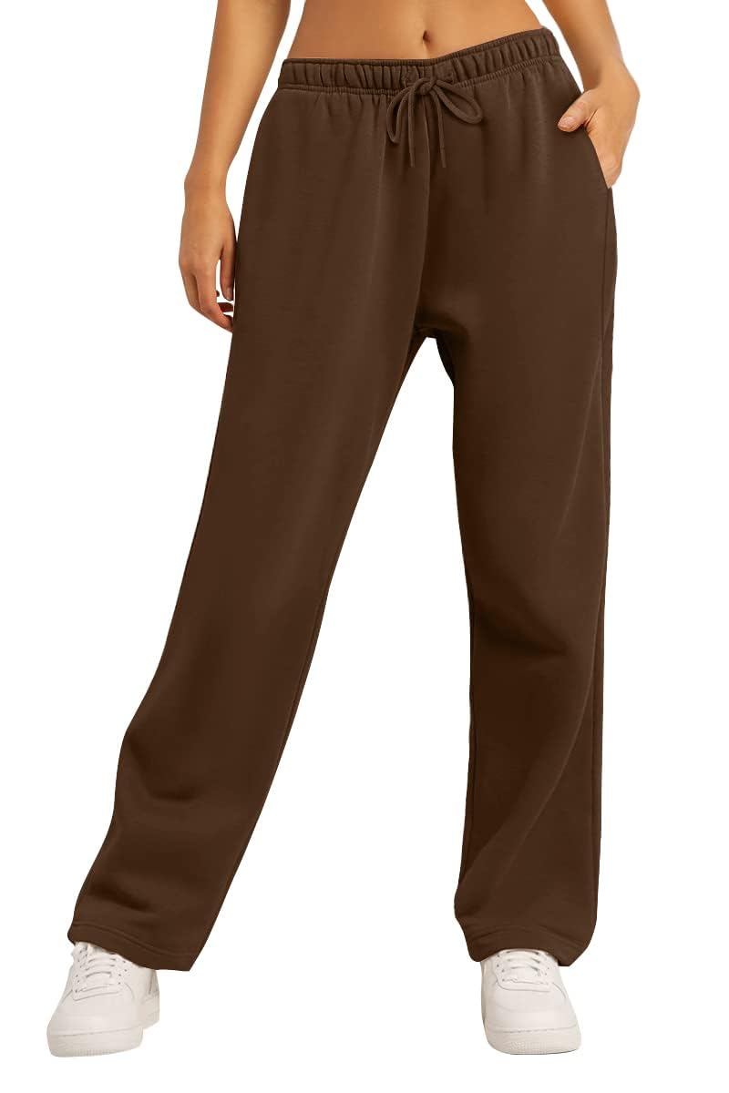 AUTOMET Women’s Fleece Lined Sweatpants Baggy Wide Straight Leg Pants XS Brown