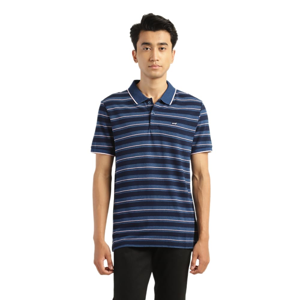 Mens Mid Indigo Stripe Polo T-Shirt