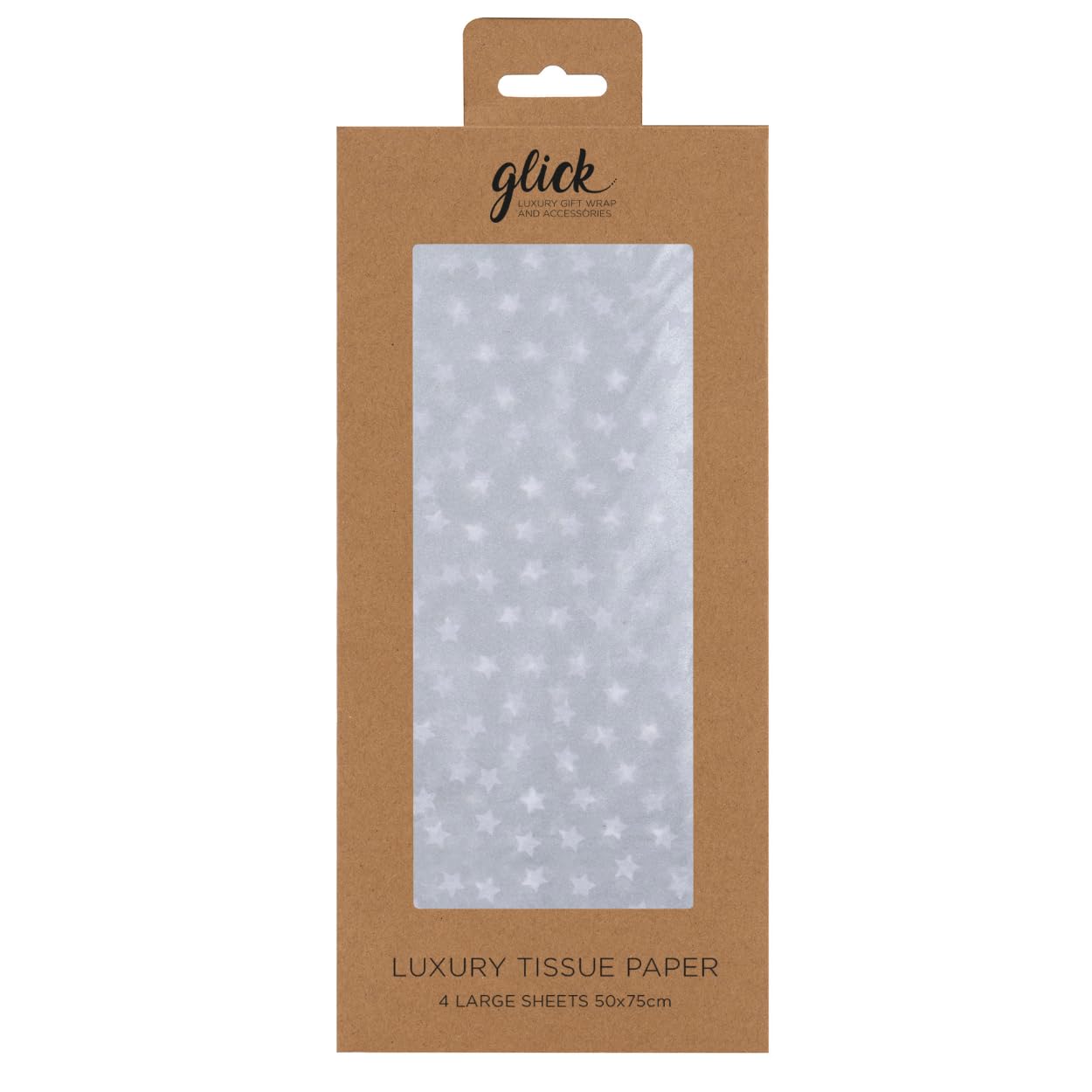 Glick Printed Patterned Luxury Tissue Paper 4 Sheets, Each Sheet Measures 75 x 50 cms When Opened, Silver with White Stars