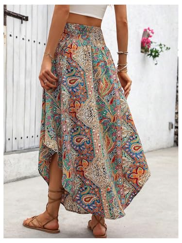 SweatyRocks Women's Boho Skirts Shirred High Waist Summer Beach Asymmetrical Flowy Long Skirt3