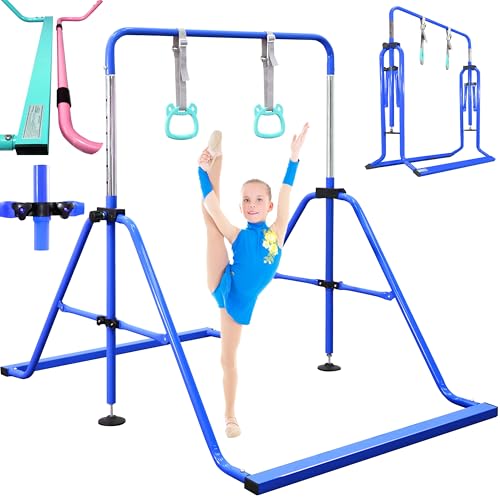 PreGymnastic Folding Gymnastics Bar with Rings, Foldable Kip Bar with Sturdier Base, Training Bar for Kids Ages 3-10, Horizontal Bar, Home Gym Equipment for Boy Girl