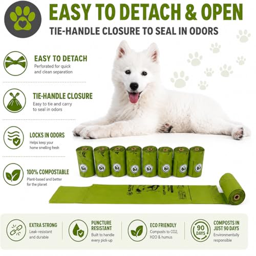 Image of 100% Compostable Handle-Tie Doggy Poop Bags (240 Bags) 16 Refill Rolls Plant-Based Cornstarch ASTM D6400 & EN 13432 Compliant HOME Certiified Compostabel Pet Dog Waste Bags (240 ct.)