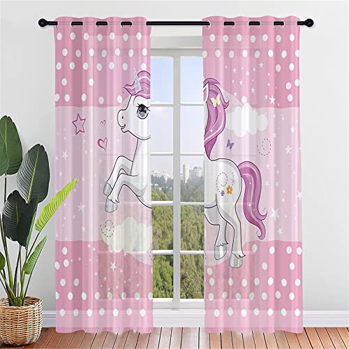 Hiseng Lot de 2 Rideaux Voilages, Licorne Rideau de Fenêtre Voile Rideau Semi-Transparent Rideau Voilage avec Oeillets Décor de Salon Balcon Chambre Salle de...
