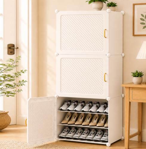 Image of Sunderlook Shoe Rack Plastic for Home- Shoe Stand, Chappal Stand, Professional Multipurpose Foldable Standing Comfort Runner Shoe Rack with Door, Slipper Stand (White, 9 Shelf 3 Door)