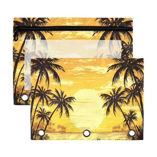 Blueangle Bolsa para lápis de palmeiras pôr do sol para fichário com 3 anéis, 2 pacotes com bolsa de lápis transparente para janela com zíper para escritório (110)