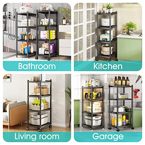 Herjoy 4 Tier Storage Shelves With Rolling Wheels, Heavy Duty Shelves For Storage Adjustable Metal Shelving Unit, Standing Storage Organizer Rack For Kitchen, Bathroom, Garage, Office(Black) #TOP4