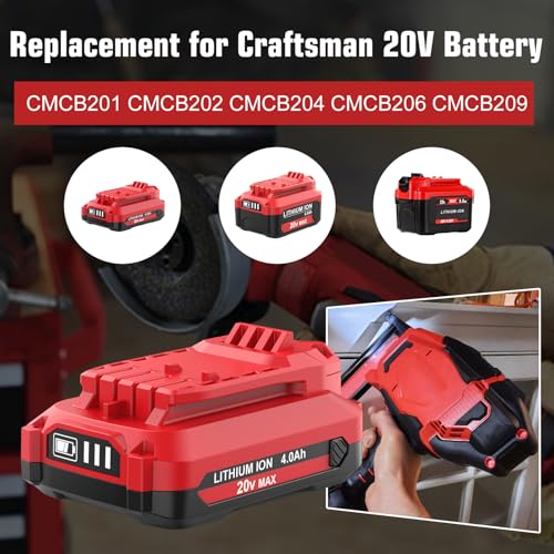 Image of 2Packs Upgarded 4000mAh Batteries and CMCB104 Charger Replacement for Craftsman 20V Battery and Charger Combo, Compatible with Craftsman V20 Lthium ion Battery CMCB202 CMCB201 CMCB204 CMCB206
