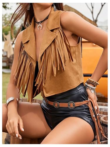 Verdusa Women's Western Boho Fringe Cowgirl Vest 70s Hippie Faux Sleeveless Open Front Jacket2