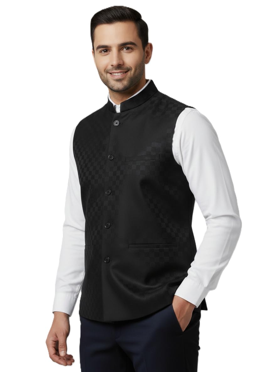 j.a enterprises Nehru Jacket, Modi Koti For Men's, Mandarin Collar, Cotton Blend Waistcoat, Natural Black color, Checkered Patten, Regular Fit, For All Occasions : Diwali, Wedding, Ethnic, casual-picture-52