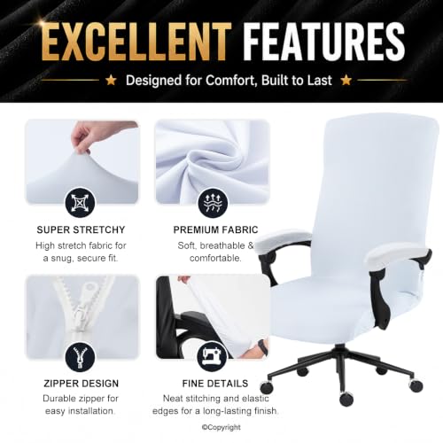 Image of Stretch Computer Office Chair Cover with Armrest Covers Durable Zipper Universal Washable Removable Spandex Rotating Boss Chair Slipcovers Anti-dust Soft Desk Chair Seat Protector, White
