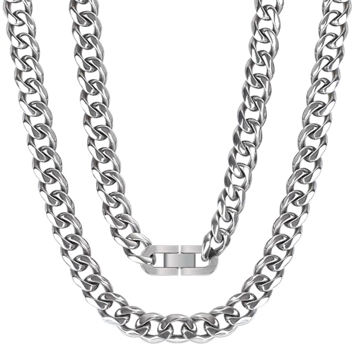 SanThree 10.5mm TA1 Pure Titanium Cuban Link Chain Necklace for Men, Ultra Light Hand Polished Diamond-Cut Solid Ti Chains for Anniversary Graduation Birthday, 23.62