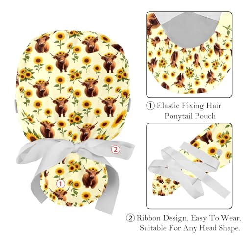 Image of 2 PCS Bouffant Cap with Button Ponytail Pouch Working Cap Sweatband Adjustable Surgical Cap Black and White Cow