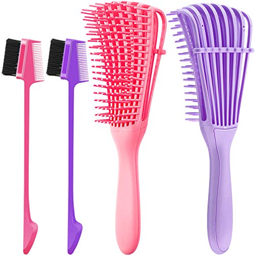 2 Pieces Detangling Brush Detangler and 2 Pieces Edge Brush Double Sided Hair Comb, Clean Knots for 3a to 4c Hair Textured Kinky Wavy Curly Wet Dry Oil Matted Hair (Pink, Purple)