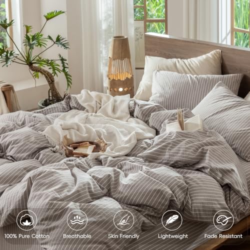 Image of MooMee Striped Duvet Cover Set 100% Washed Cotton Linen Like King | Relaxed Linen-like Texture. Soft, Breathable & Long-lasting Comfort. Lightweight. Hidden Zipper with 8 Interior Corner Ties