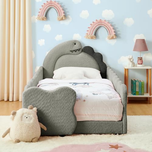 Image of Twin Size Kids Floor Bed Frame, Upholstered Montessori Platform Bed Cute Dinosaur-Shaped Daybed Frame for Girls Boys, No Box Spring Required, Grey