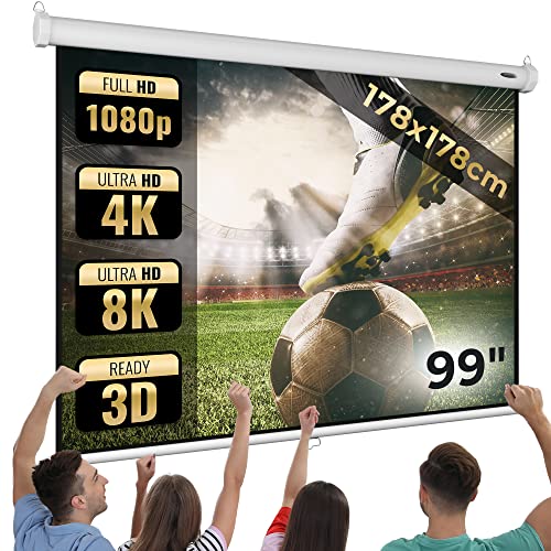 Jago® Leinwand Beamer - 1:1, 4:3, 16:9, HD 4K 3D, Rollo, Manuell Ausziehbar, Gain 1,0 - Beamerleinwand, Projector Screen, Projektionsleinwand, Rolloleinwand, Heimkino (178x178 cm - 99')