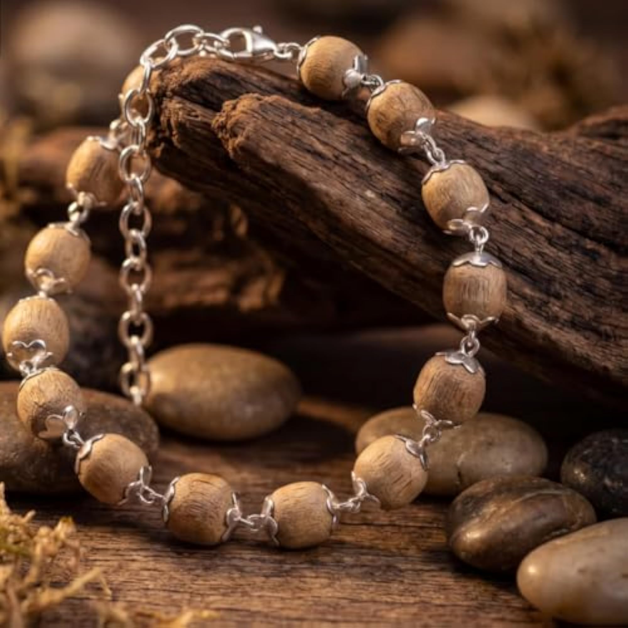 925 Pure Silver Tulsi Wood Bead Bracelet, Unisex