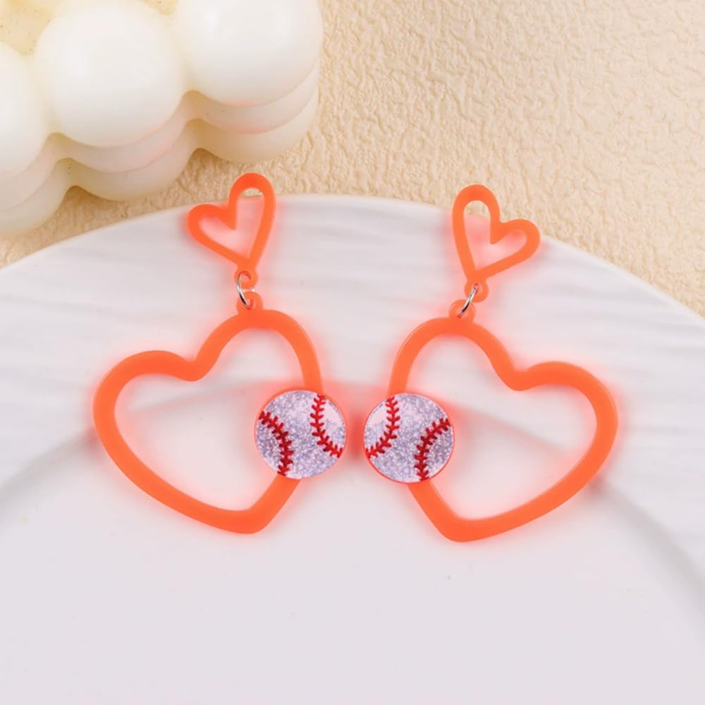 Neon Heart Sports Dangle Earrings Double Heart Basketball Softball Baseball Volleyball Soccer Football Drop Earrings for Women Sport Fan Game Day Jewelry Gift