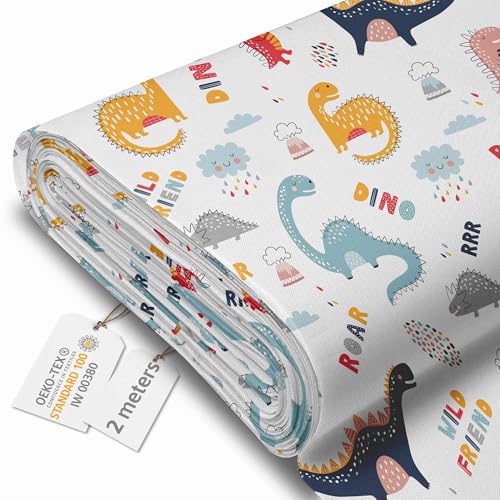 DreamRoots Tela impermeable por metros 600D 220g/m - Tela para tapizar sillas, cojines, sofas - Lona impermeable exterior 160 cm ancho - Tela para toldos exterior Funny Kids Dinosaurs 2M