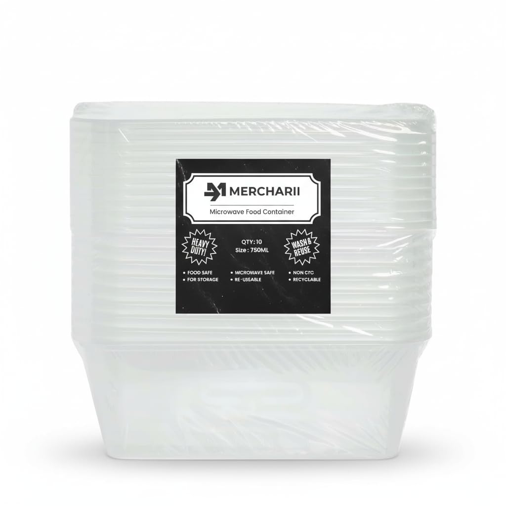MERCHARII Plastic Food Storage Containers 10 × 750ml with Lids Heavy-Duty Leakproof, Rectangular, BPA-Free, Microwave and Freezer Safe, Reusable Meal Prep Takeaway Containers (750ml)