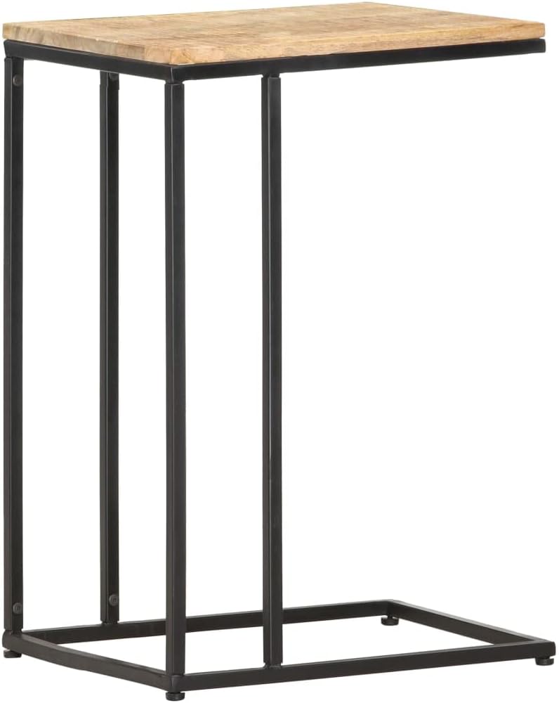 vidaXL Solid Mango Wood Side Table with Steel Frame, C-Shaped, Light Wood and Black, 13.8"x17.7"x25.6", Polished, Painted and Lacquered, Easy Assembly