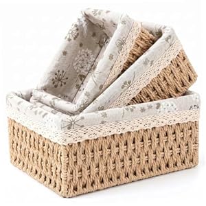 Woven Baskets 3-piece Wicker Storage Baskets With Lids Handmade Woven Organizing For Shelves Natural Wood Color (large/medium/small)