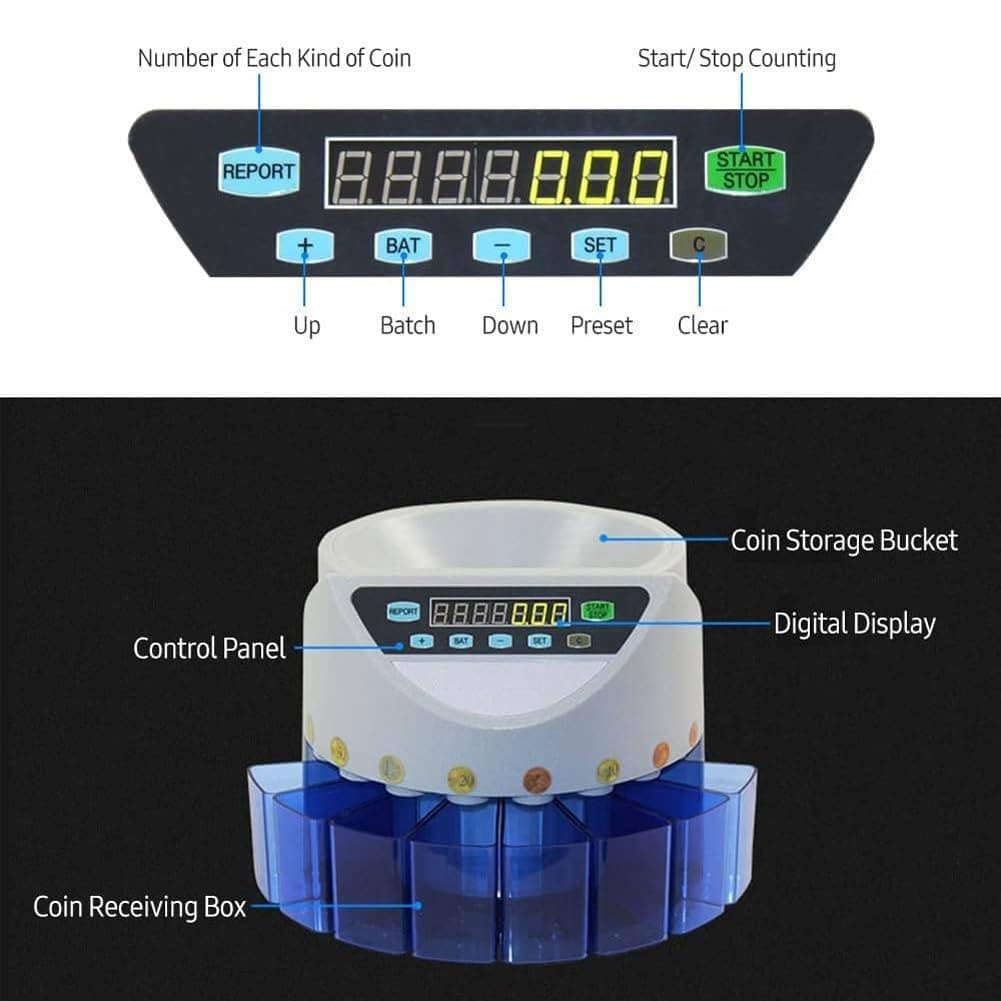 Contamonete elettronico Automatico, contamonete, con Display a LED, per Monete e gettoni di Tutti i Tipi (Blue)
