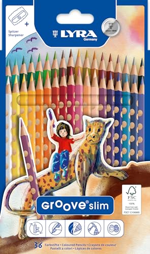LYRA Groove Slim Child-Grip Triangle Colored Pencils, triangular pencils, school supplies coloring, Includes Sharpener, Set of 36 colored