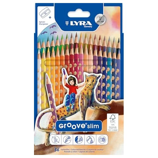 LYRA Groove Slim, Holzfarbstifte, dreiflächig, lackiert, Mine 3,3 mm, Kartonetui, 36 sortierte Farben, mit Spitzer