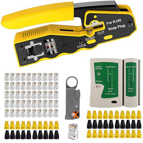 TAIWAIN Cat6 Crimping Network Repair Tool Cat5 RJ45 Crimp Set Professional Maintenance Lan Cable Stripper Tester, Crimper Wire Connector Cutter with 50PCS Connectors&50PCS Covers (YELLOW)
