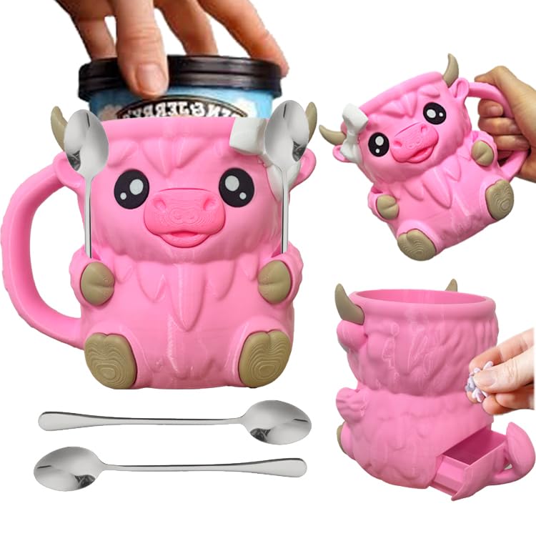 Highland Cow Ice Pint Holder - 16 oz Reusable Cute Ice Cream Pint Popsicle Containers, Dessert Cup, Beer Can Holders, with Antifreeze Handle and Two Spoons, Gift for Cream Lovers (Pink Cow)