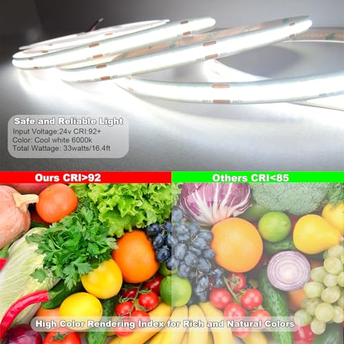 Image of COB LED Strip Lights 24V CRI 93+ 16.4 ft Flexible Cuttable Bright White LED Light Strip for Kitchen Cabinet Office Living Room Decoration (Cool White 6000K, Power Supply and Dimmer Not Included)