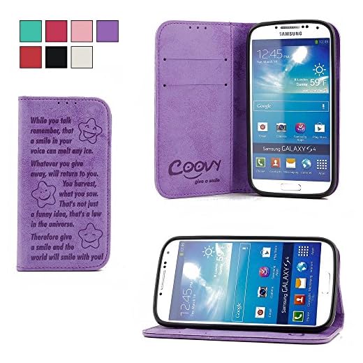 COOVY® Fodral till Samsung Galaxy S4 GT-i9500 GT-i9505 GT-i9506 fodral, plånbok, korthållare, magnetstängning, stående funktion + skärmskydd | Design Smile | färg lila