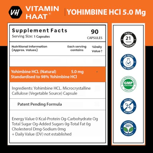 Image of Yohimbine Hcl 5mg | Premium Pre Workout Supplement for Men and Women | Weight Loss Products | Belly Fat Burner | Pharmaceutical & USP grade | WHO GMP Certified 90 Capsules by VitaminHaat