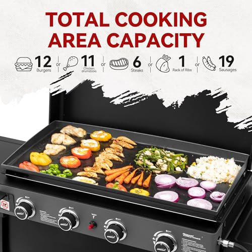 Image of Royal Gourmet PD4001 4 Burner Propane Gas Griddle with Removable Standing Cart, Convertible to Tabletop Design, Flat Top Grill with Hood for Camping, Tailgating, Backyard, Black