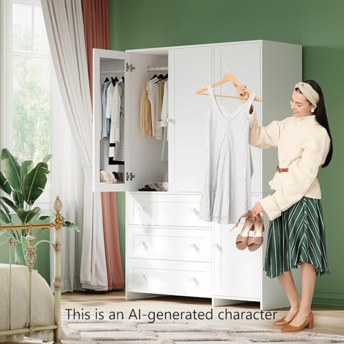 Image of VOWNER Armoire Wardrobe Closet with Drawers and Mirror, 71 inch Clothing Storage Cabinet with Hanging Rod, 4 Doors Wooden Wardrobe Cabinet for Bedroom, Large Capacity Storage