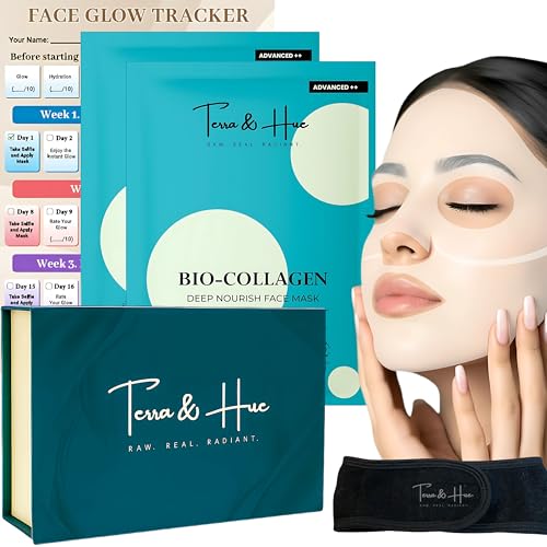 Image of Terra & Hue Korean Glass Skin Overnight Collagen Face Mask with Facial Headband and Glow Tracker for Young, Glowing Skin, 2X Natural Bio Collagen, 4X Hydration, Pigmentation, Pore Minimizing, Collagen Mask Overnight, Pack Of 2