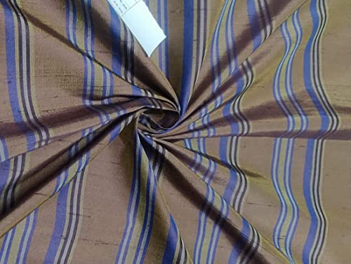 Soie dupion 100% haut de gamme rayures marron et bleu pour haute couture unique