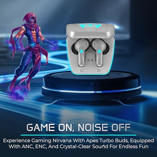 Image of APES Turbo Buds Wireless Bluetooth TWS, ANC and ENC, 10mm Dynamic Drivers, 8Hrs Playtime (Silver)