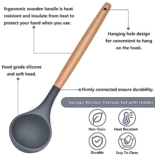 Herogo Kitchen Utensils Set with Holder, 10 Pieces Silicone Cooking Utensil with Wooden Handle, Heat Resistant & Non-Stick, Cooking Spatula Turner Tong Gadgets Utensil Set – Grey - Image 6