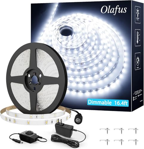 Image of Olafus White LED Strip Lights, 16.4ft Dimmable LED Light Strip, 12V 6000K Vanity Mirror Light with UL Listed Plug, 300 LEDs 2835 Flexible Led Lights for Bedroom Under Cabinet Kitchen