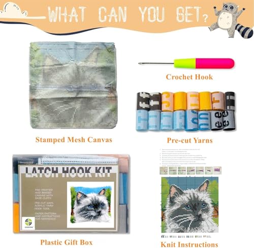 Image of EMISTEM Latch Hook Kits for Adults - Latch Hook Pillow Kits, Crochet Yarn Kit for Beginners, DIY Needlework Crafts Cover Case with Printed Canvas, Gift Packaging. (Blue Eyes Cat,17x17 inch)
