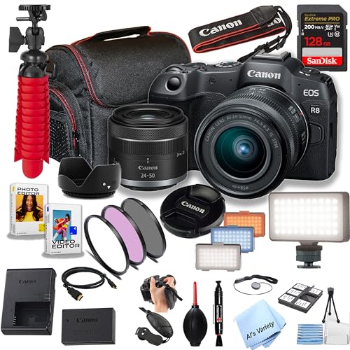 Canon EOS R8 24.2MP Full-Frame CMOS Sensor Mirrorless Camera with 24-50mm Lens, 128GB Extreme Speed Memory, Video Light, Filters, Case, Software and More (Essential Bundle) (Renewed), Black