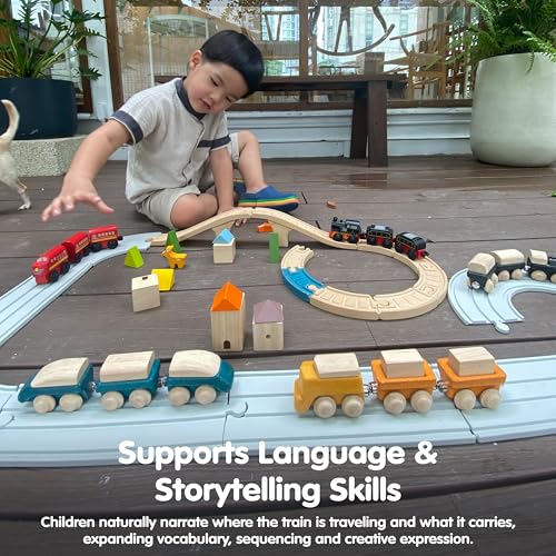 Image of PlanToys Hybrid Train Wooden Montessori Vehicle Toy | Early Movement, Imagination and Practical Life Exploration | Eco Friendly Train Set for Meaningful Play