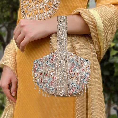 Image of Stylish Embroidery Unique Design Traditional Wedding Party Handheld Potli Bag for Women (Rose Gold)
