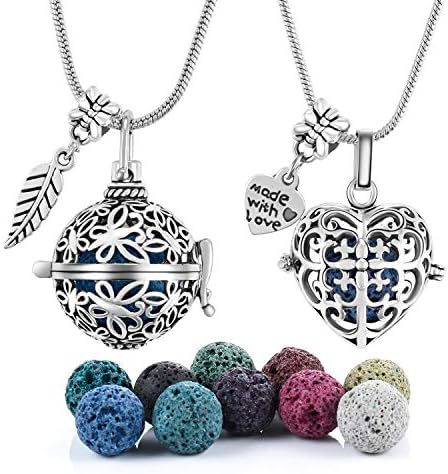 2 PCS Antique Silver Aromatherapy Essential Oil Diffuser Locket Necklace Pendant, Round/Heart Cage Locket Bulk with 10 Lava Stone Rock Beads Balls Set for Necklace Jewelry