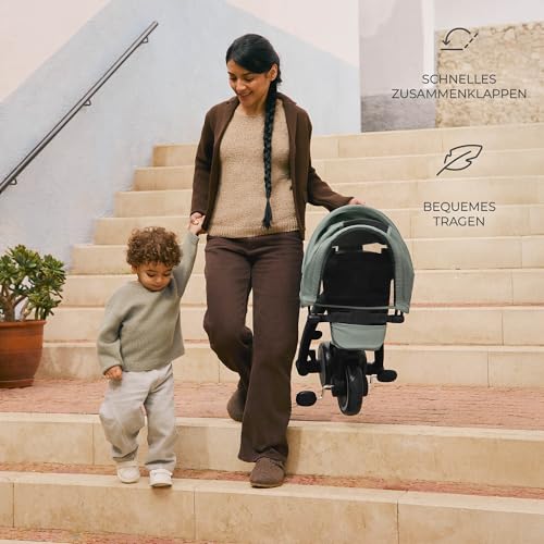 Kinderkraft Jazz 2, 6-IN-1-DREIRAD MIT LAUFRADFUNKTION, Kinder Fahrrad, Kinderwagen, Klappbar mit Zubehör, UPF50+ UV-Schutz, von 9 Monaten bis 5 Jahren an, Grün