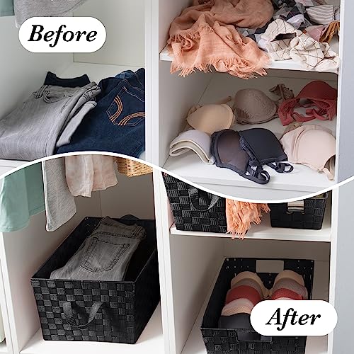 Image of Simplify Large Shelf Woven Strap Tote | Decorative Storage Basket | Built in Handles | Organization | Closet | Bedroom | Bathroom | Nursery | Accessories | Toys | Gifts | 1 Pack | Black