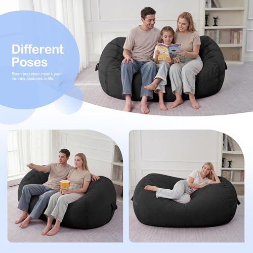 Image of 4FT Bean Bag Chair 4'Big Bean Bag Chairs with Adults, Large Beanbag Chair | Bean bag Lounger with Machine Washable Cover Corduroy Fabric, Comfy Chairs for Living Room Bedroom Dorm, Black